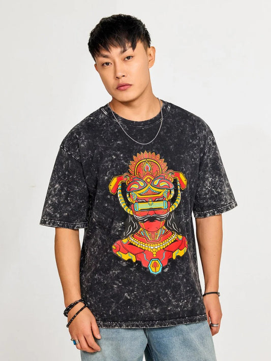 Black Acid Wash Cyborg Asura Oversized Graphic T-Shirt – Premium Cotton Relaxed Fit Casual Streetwear Tee