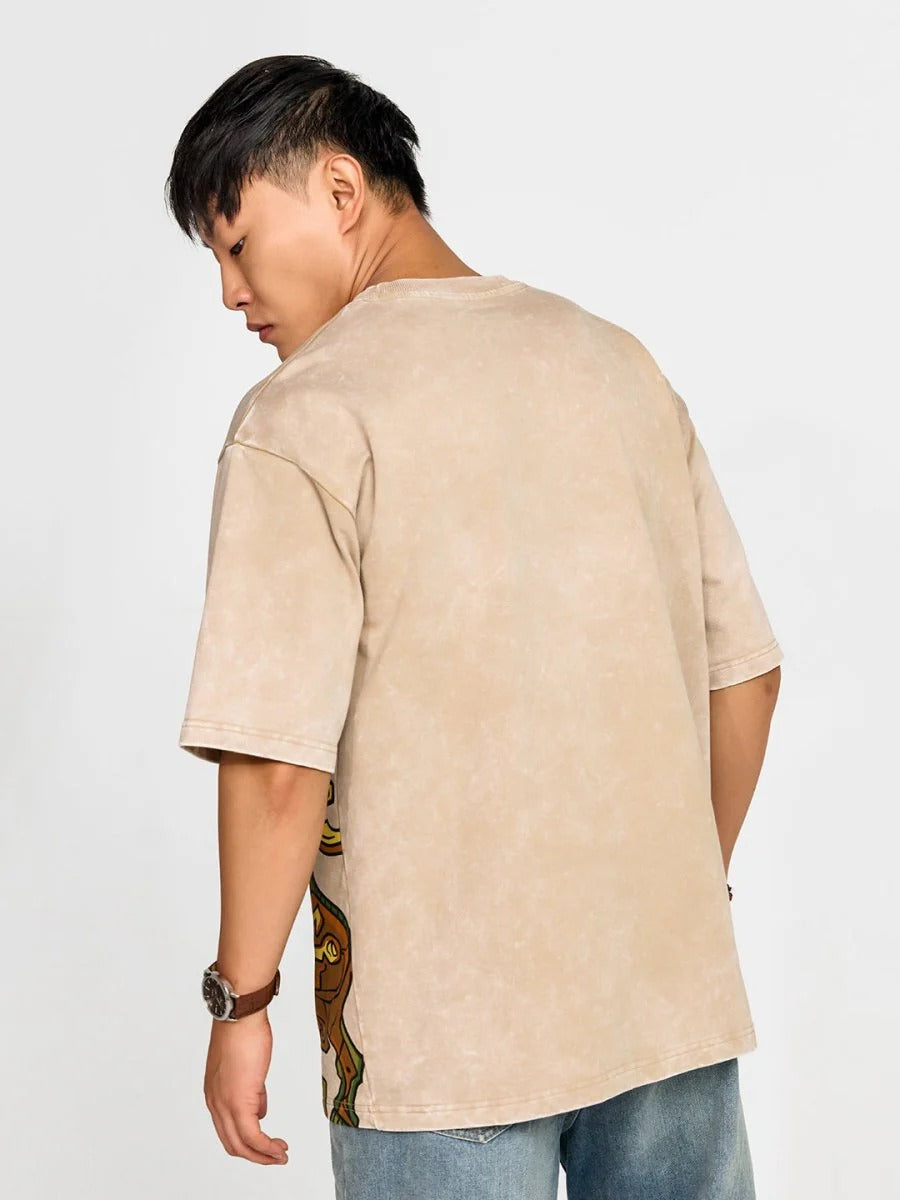 Beige Aztec Bull Oversized Graphic T-Shirt – Premium Cotton Relaxed Fit Casual Streetwear Tee