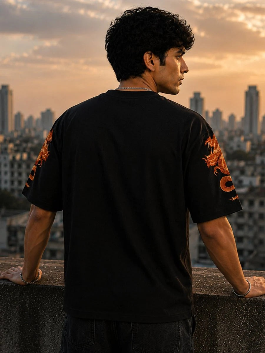 Men's Black Dragon Graphic Oversized T-Shirt – Premium Cotton Relaxed Fit Casual Streetwear Tee