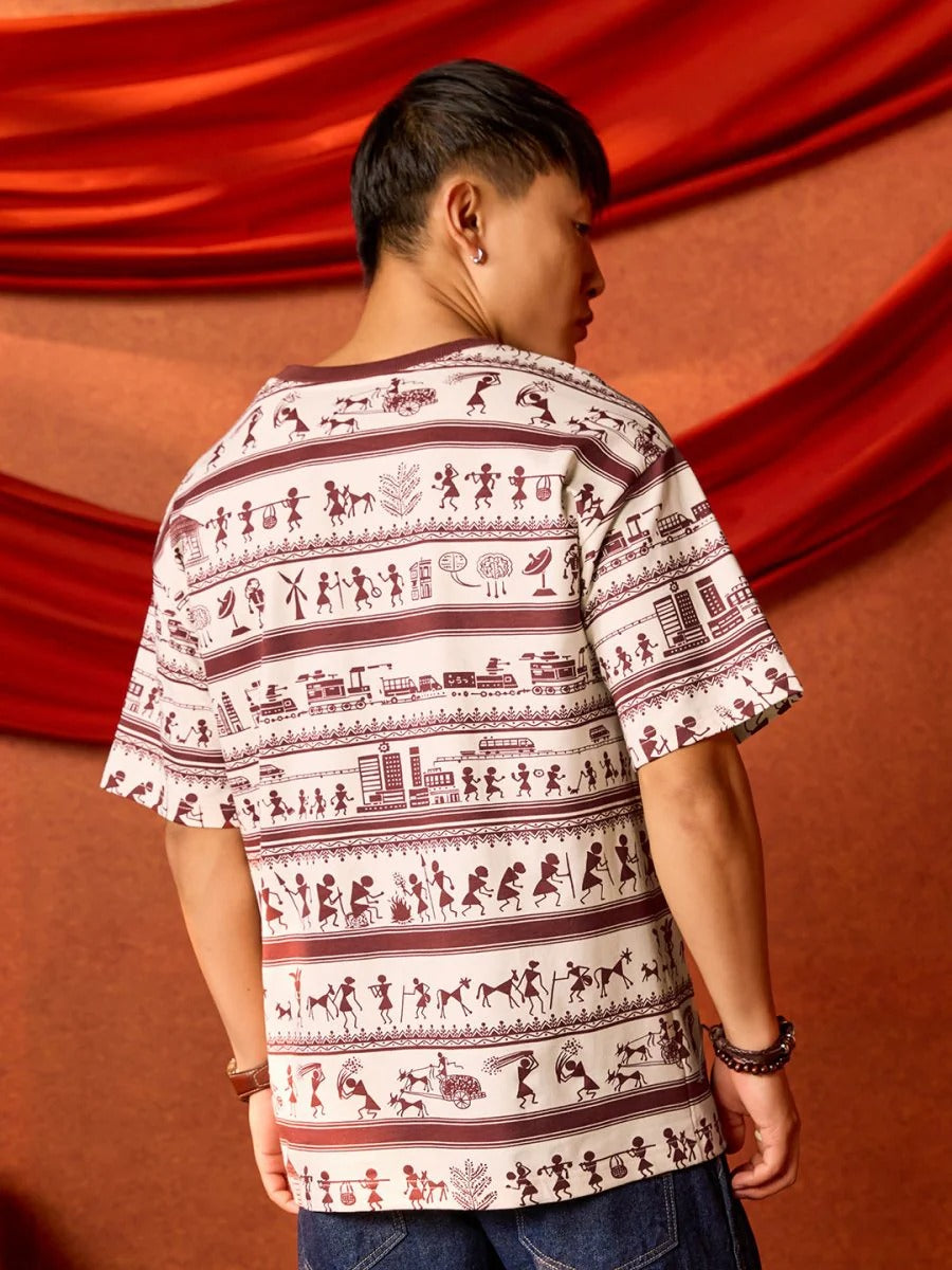 Men's White Warli Heritage Oversized Graphic T-Shirt – Premium Cotton Relaxed Fit Casual Streetwear Tee