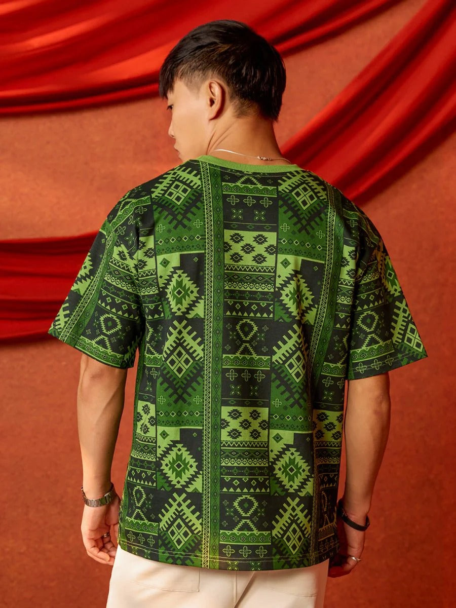 Men's Green Bandhani Heritage Oversized Graphic T-Shirt – Premium Cotton Relaxed Fit Casual Streetwear Tee
