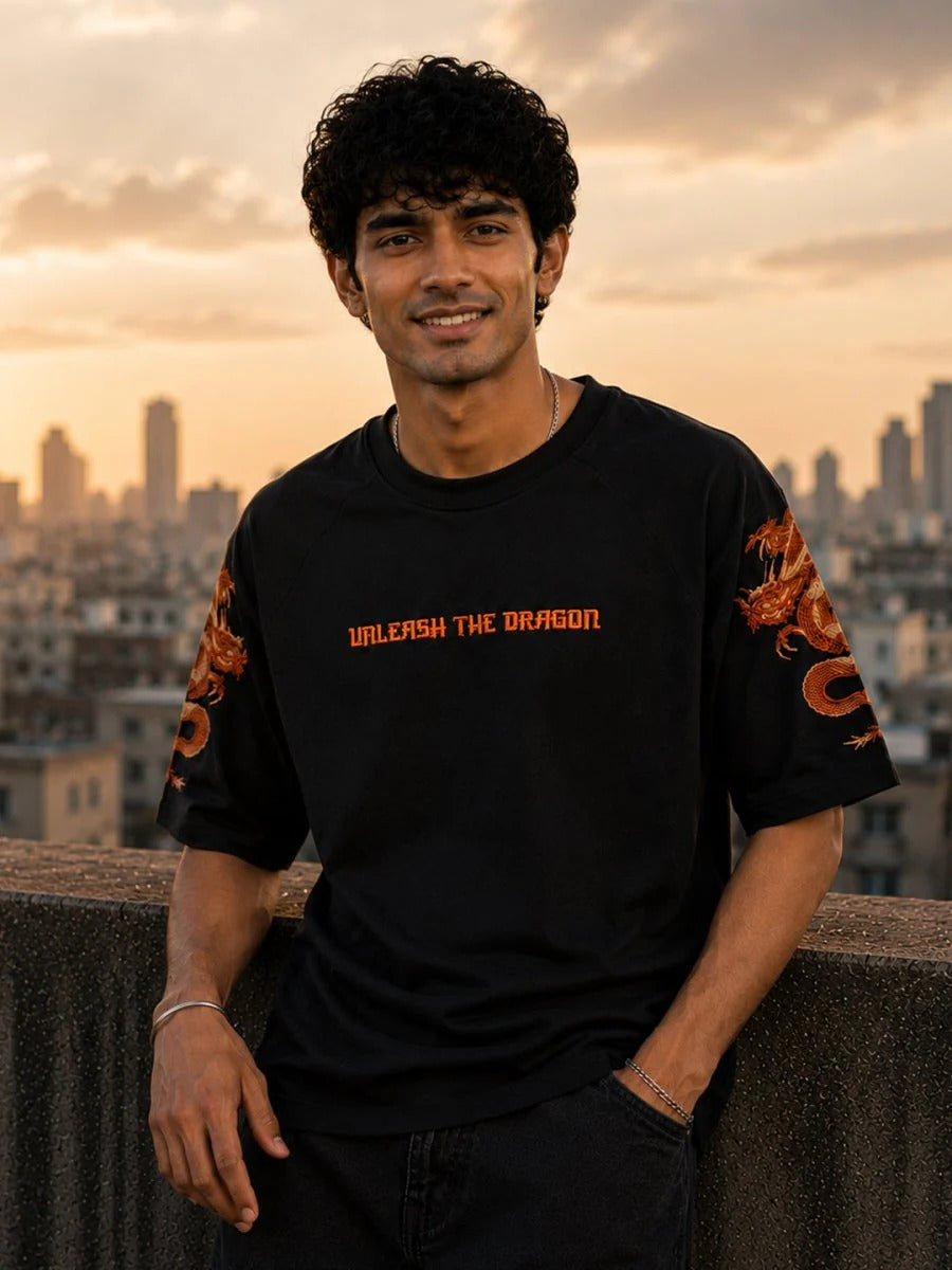 Men's Black Dragon Graphic Oversized T-Shirt – Premium Cotton Relaxed Fit Casual Streetwear Tee