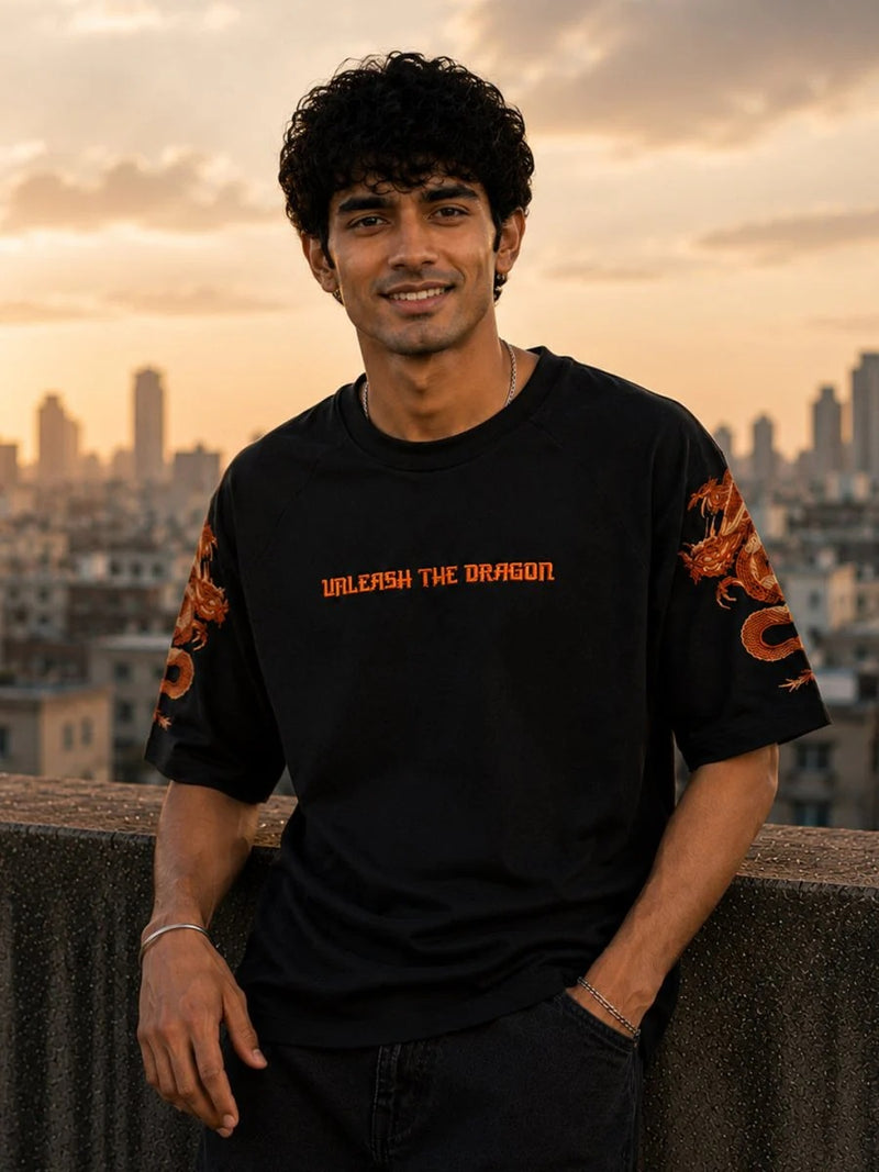 Men's Black Dragon Graphic Oversized T-Shirt – Premium Cotton Relaxed Fit Casual Streetwear Tee