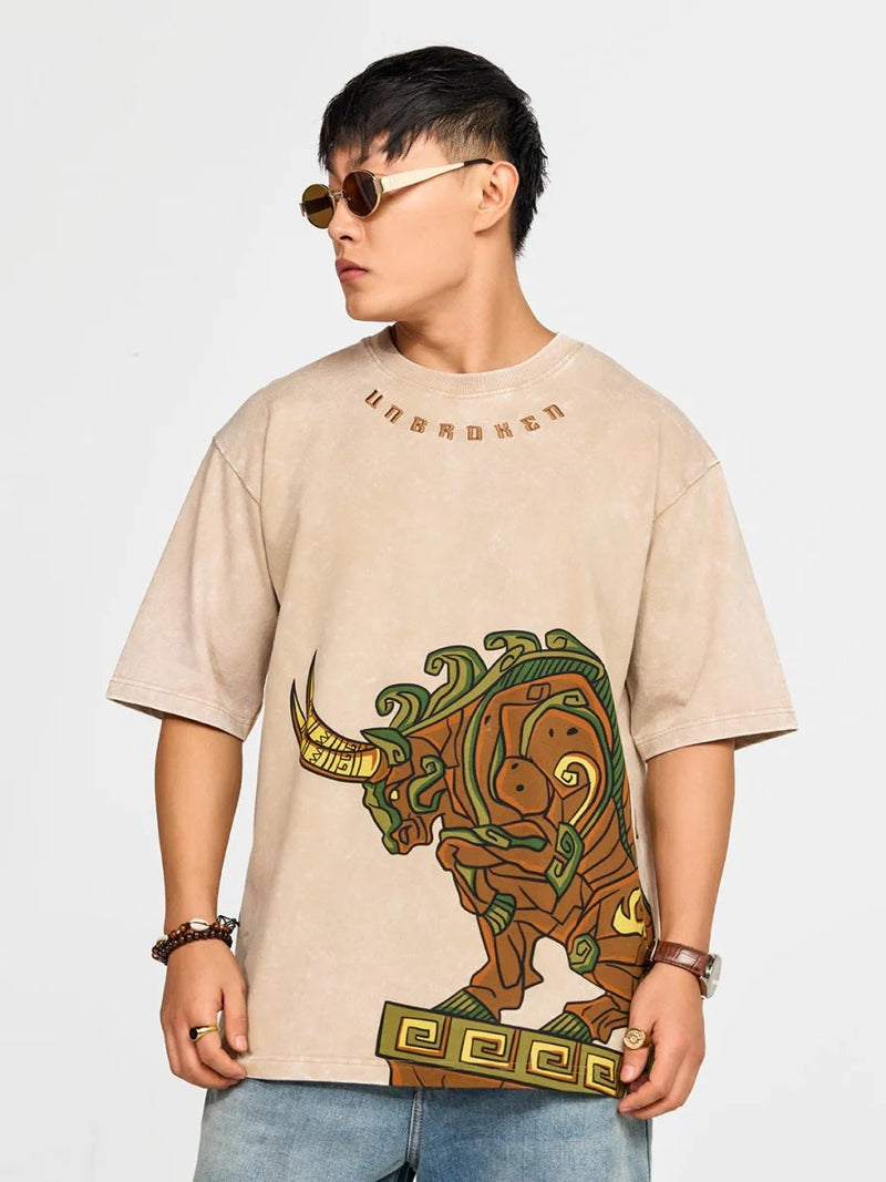 Beige Aztec Bull Oversized Graphic T-Shirt – Premium Cotton Relaxed Fit Casual Streetwear Tee