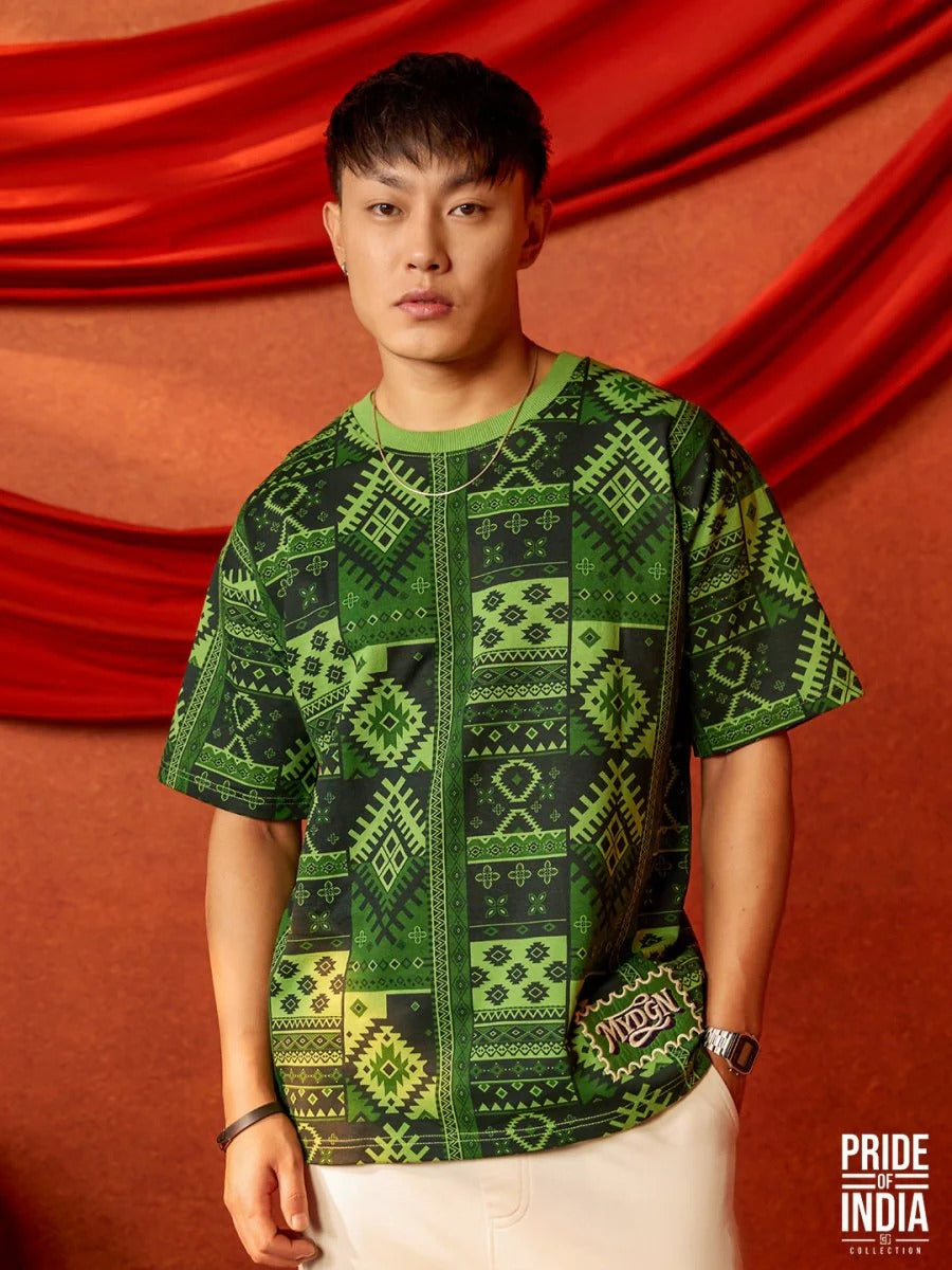 Men's Green Bandhani Heritage Oversized Graphic T-Shirt – Premium Cotton Relaxed Fit Casual Streetwear Tee