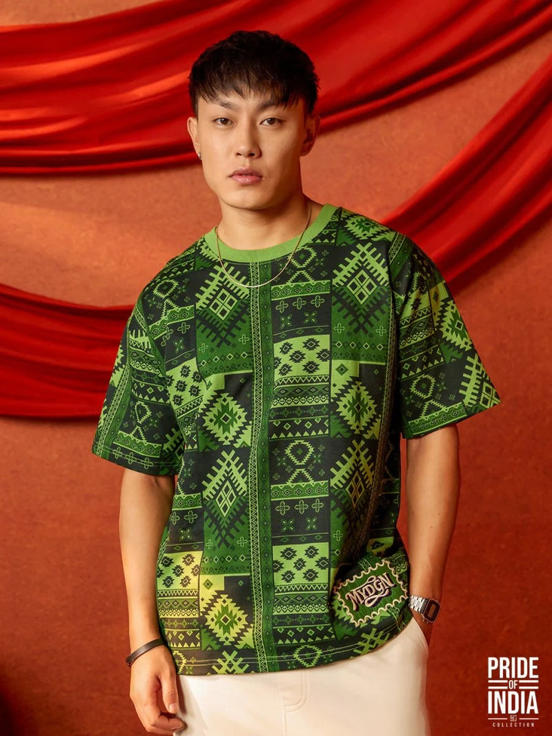 Men's Green Bandhani Heritage Oversized Graphic T-Shirt – Premium Cotton Relaxed Fit Casual Streetwear Tee