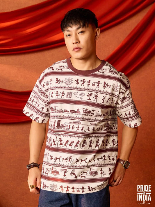 Men's White Warli Heritage Oversized Graphic T-Shirt – Premium Cotton Relaxed Fit Casual Streetwear Tee